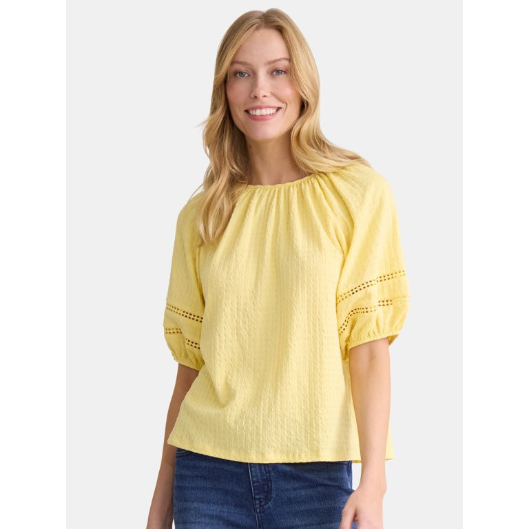 Time and Tru Women's Lace Trim Top with Puff Sleeves, Sizes XS-XXXL | Walmart (US)