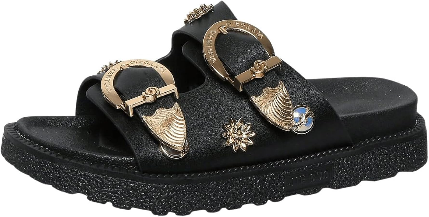 OYOANGLE Women's Studded Double Buckle Strap Footbed Sandals Fashion Platform Slip on Slides Sand... | Amazon (US)