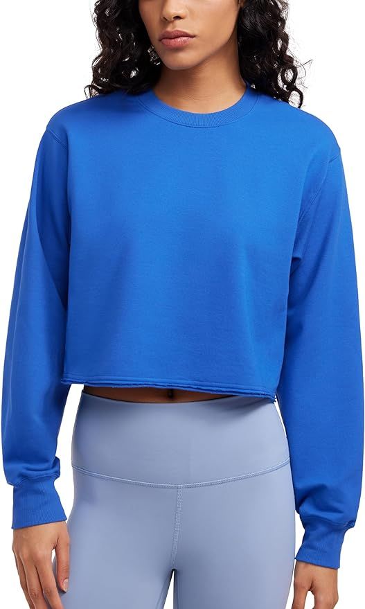 CRZ YOGA Womens Fleece Cropped Sweatshirts Crewneck Long Sleeve Sweat Shirts Double Raw Hem Worko... | Amazon (US)