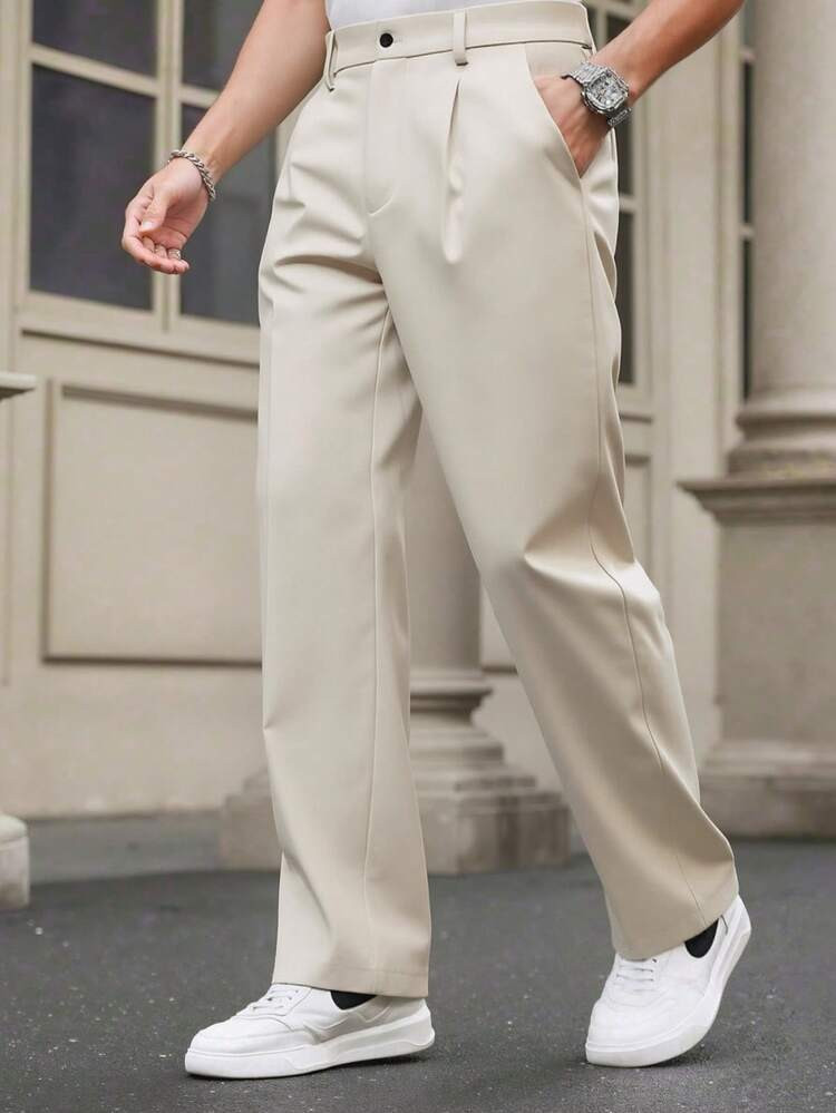 New Pleated Straight Leg Men's Pants, Fashionable Business Casual Loose Wide Leg Trousers With Pockets, Suitable For Boyfriend Or Husband | SHEIN