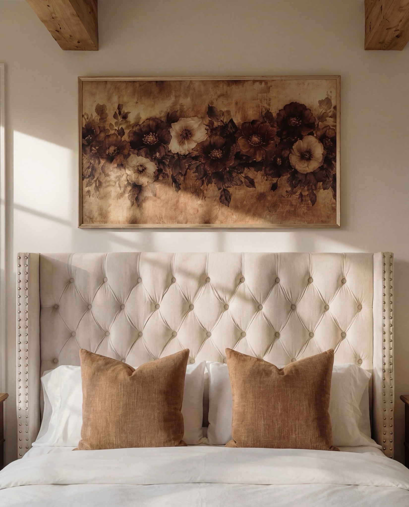 Shop the Look: Bedroom Refresh
• Upholstered tufted bed (cream or ivory)
• Neutral upholstered bench or bed frame base
• Wooden nightstands (medium warm wood)
• Table lamps (white shade, brass base)
• White bedding (duvet + sheets)
• Brown textured throw blanket
• Neutral accent pillows (tan or camel)
• Framed floral artwork (warm brown tones)
• Quilted round ottomans (cream)
• Brass ottoman bases
• Vintage-style area rug (neutral pattern)
• Exposed wood ceiling beams
• Decorative bowl or small tray on nightstand
•wood decor beads

#LTKHome #LTKSaleAlert