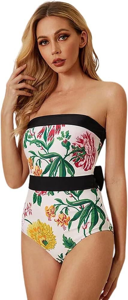Strapless Swimsuit Lace Up Adjustable Animal Botanical Print Swimsuit and Skirt/Sarong | Amazon (US)
