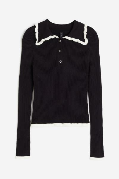 Ruffle-trimmed Rib-knit Top - Black - Ladies | H&M US | H&M (US + CA)