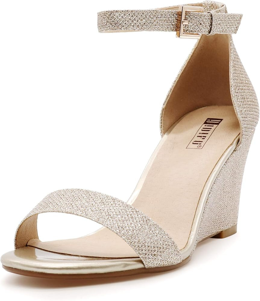 IDIFU Women's Classic Wedge Heels Sandals 3 Inch Ankle Strap Open Toe Evening Dress Wedding Shoes | Amazon (US)