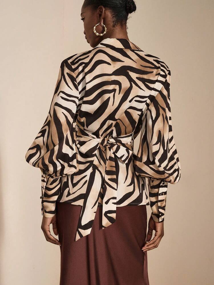JIAN LASALA Zebra Print Asymmetrical Hem Wrap Tie Shirt With Lantern Long Sleeves Women Luxury St... | SHEIN