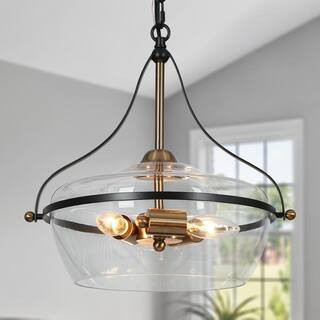 Zevni 14 in. Modern 3-Light Brass Gold Chandelier Light, Black Bowl Hanging Pendant with Clear Gl... | The Home Depot