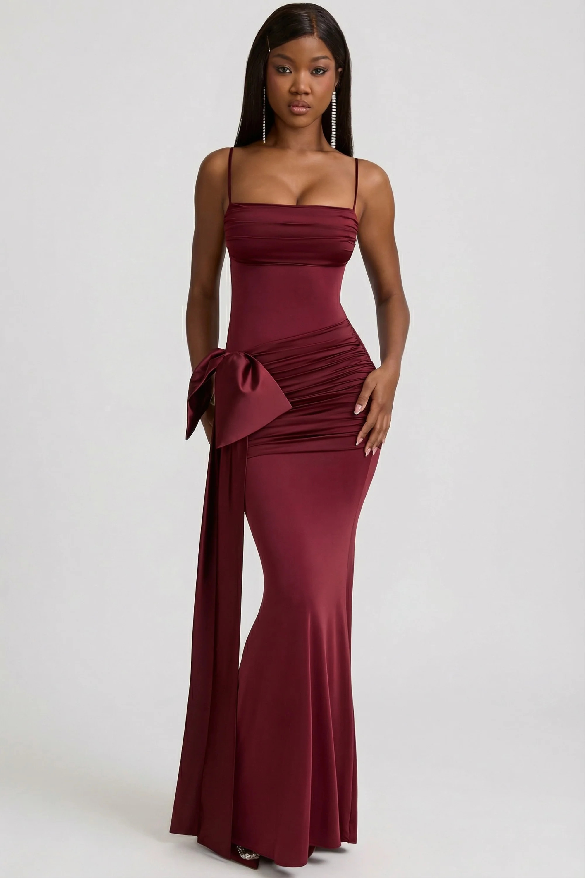 Bow-Detail Ruched Maxi Dress in Wine Red | Oh Polly