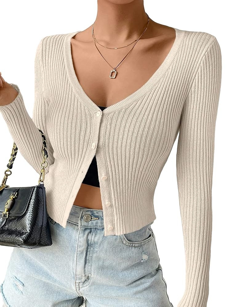 SHENHE Women's Ribbed Knit Button Down V Neck Lightweight Cropped Cardigan Sweater | Amazon (US)