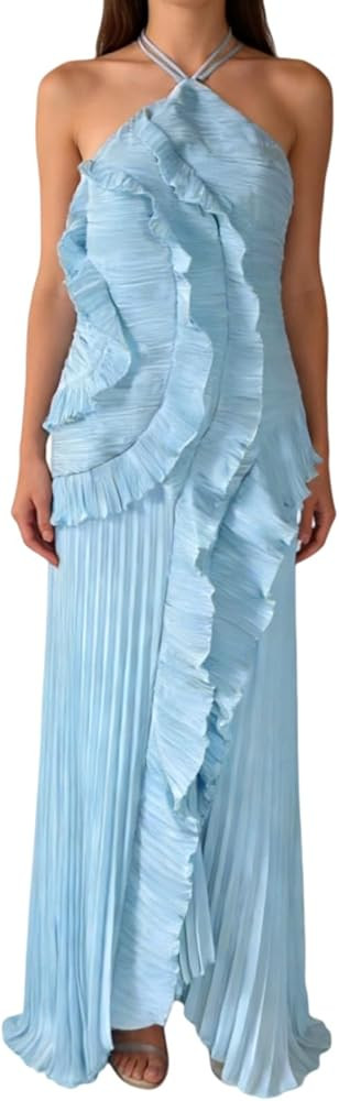 Pleated Lotus Edge Maxi Dress for Women Backless Halter Sleeveless Asymmetrical Ruffled Tiered Fo... | Amazon (US)