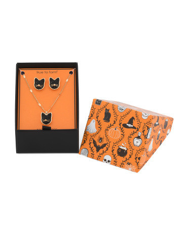 Jet Caviar Cat Face Pendant Necklace And Stud Earrings Set | TJ Maxx