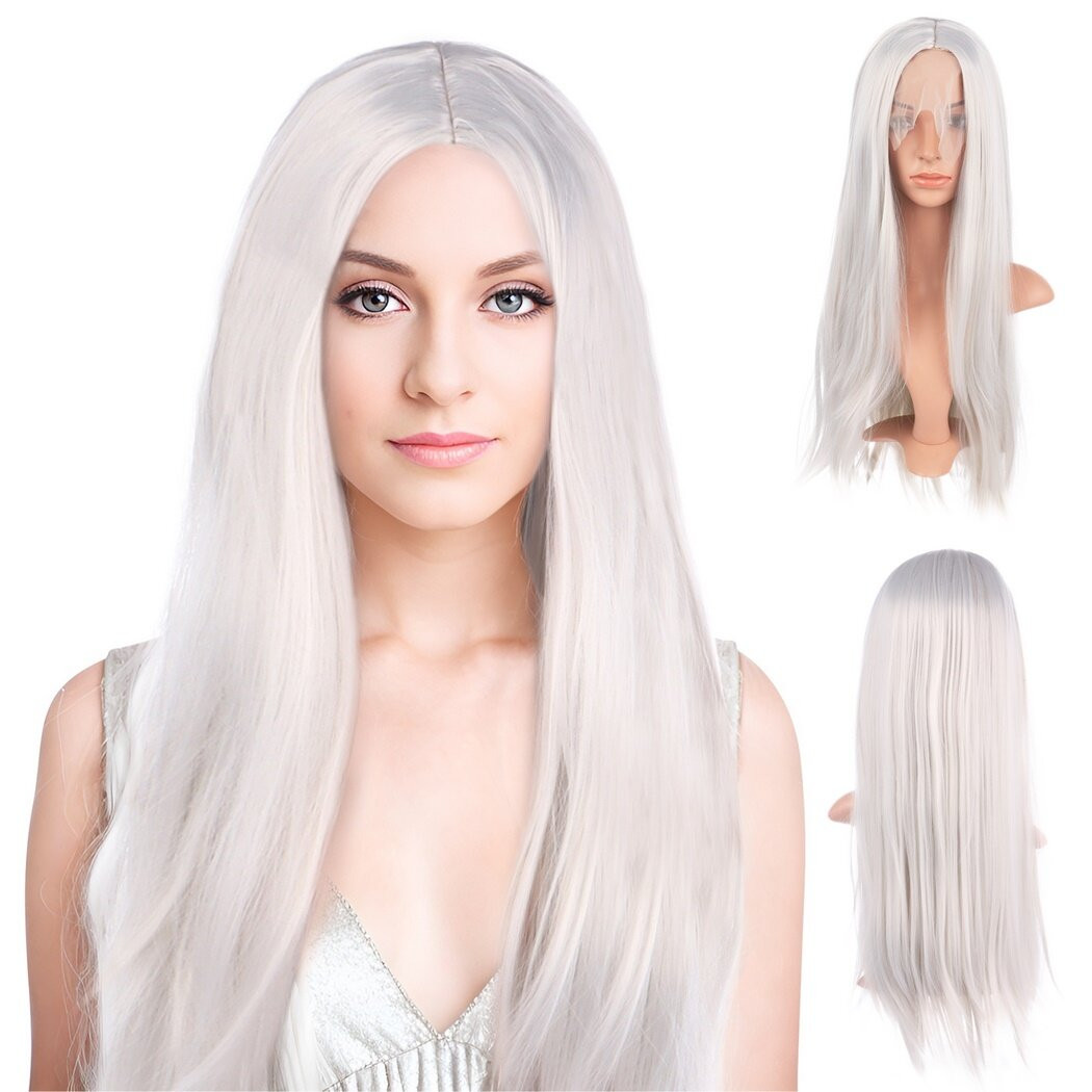 Ash White Synthetic Wig, 26.8" Long Straight Lace Front Wig for Women, Heat-Proof Fiber Replaceme... | Walmart (US)