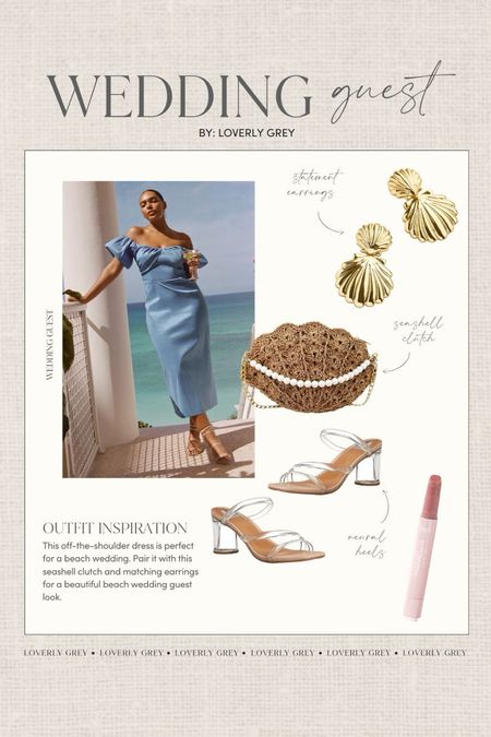 Spring wedding guest look. This puff sleeve dress and seashell clutch are perfect for a beach wedding guest look. Loverly Grey, wedding guest 

#LTKStyleTip #LTKSeasonal #LTKWedding