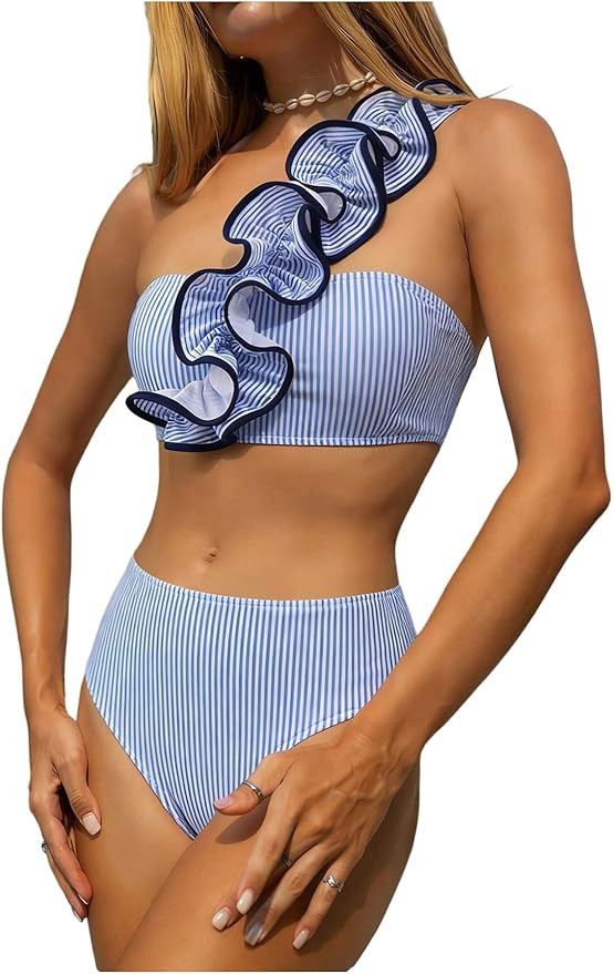 Women's 2 Piece Striped Bikini Sets Ruffle One Shoulder High Waisted Bathing Suits | Amazon (US)