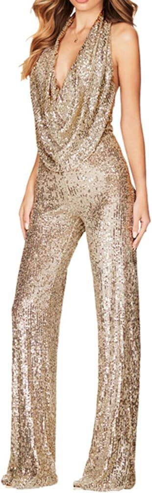 Women's Sexy Halter Cowl Neck Sparkly Jumpsuits Clubwear Sleeveless Elegant Sequins Bodycon Wide ... | Amazon (US)