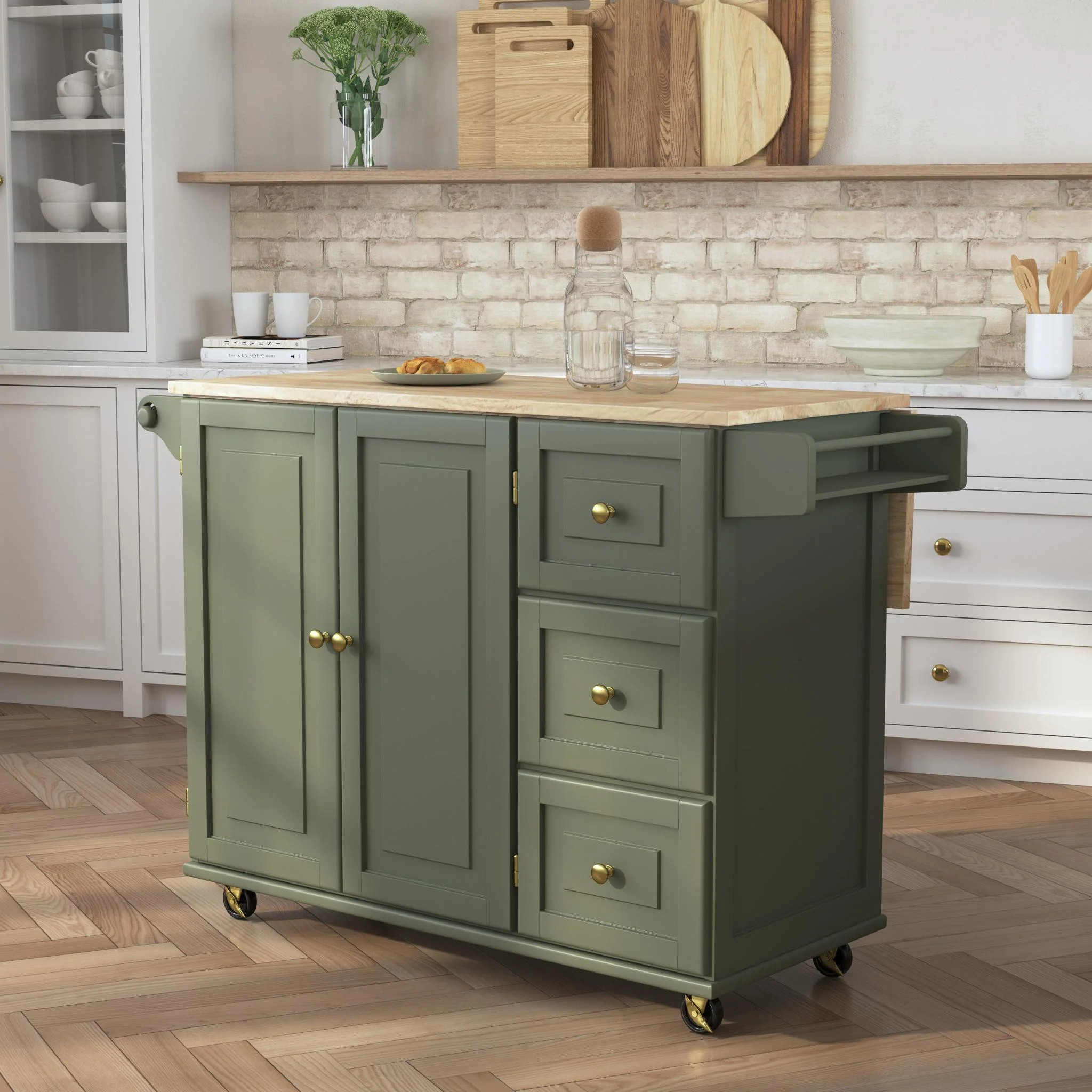 Homestyles Dolly Madison Engineered Wood Kitchen Cart in Sage Green/Brass | Walmart (US)