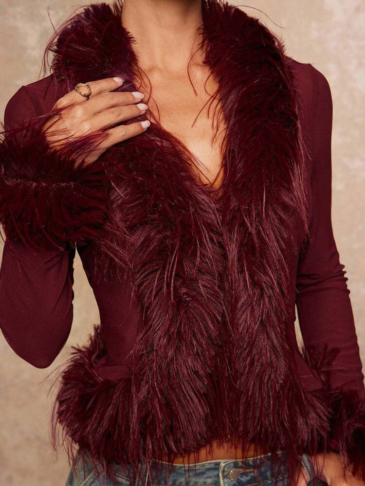 Lumalex Winter Fall Faux Fur Patchwork Collar & Cuffs Sheer Mesh Waist Women Top Burgundy Tops For Women Feather Dress Red Wine Dress Marroon Dress Burgendy Dress Luxury Prom Gathering Party Banquet Modest Old Money Coquette Glitter Holiday Party Rave Festival Outing Vacation Hot Outdoor Richly Layered Wedding Season Banquet ID Al-Adha Al-Adha Party New Year ANCORA Red Bordeaux Red BURGUNDY Red Party Must Have Perfect For Frosty Days,Red Top,Christmas | SHEIN