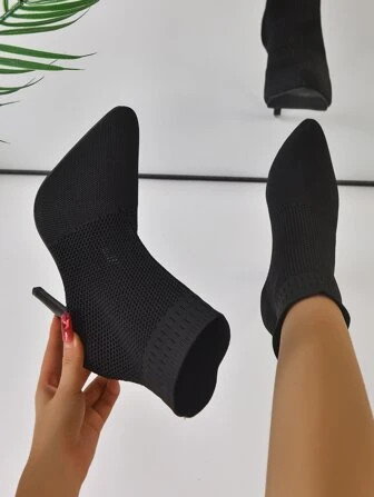 Women Minimalist Sock Boots, Polyester Stiletto Heeled Elegant Boots Black | SHEIN