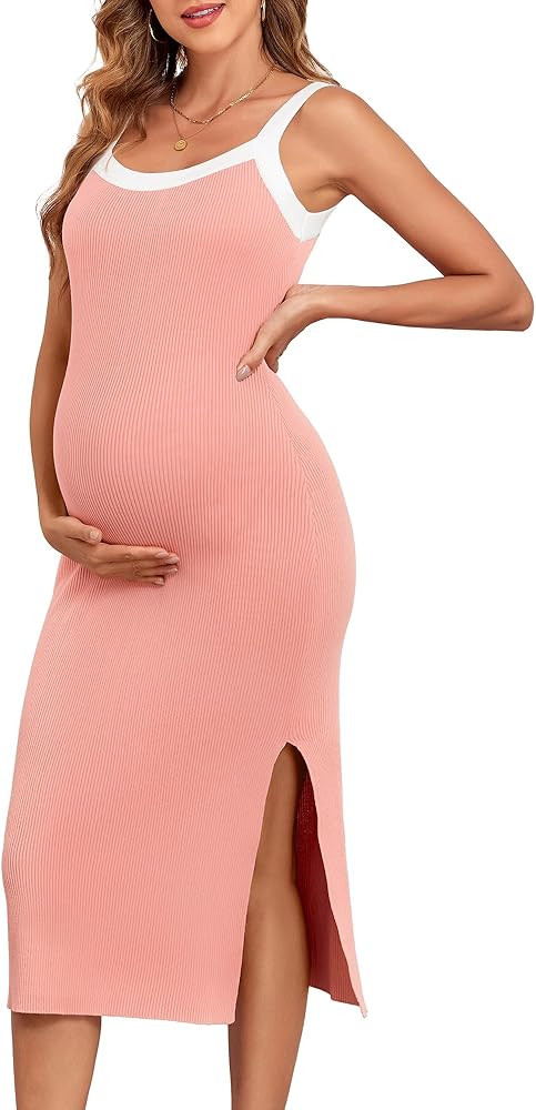 V FOR CITY Maternity Dresses Sleeveless Rib Knit Slit Baby Shower Dress Casual Square Neck Bodyco... | Amazon (US)