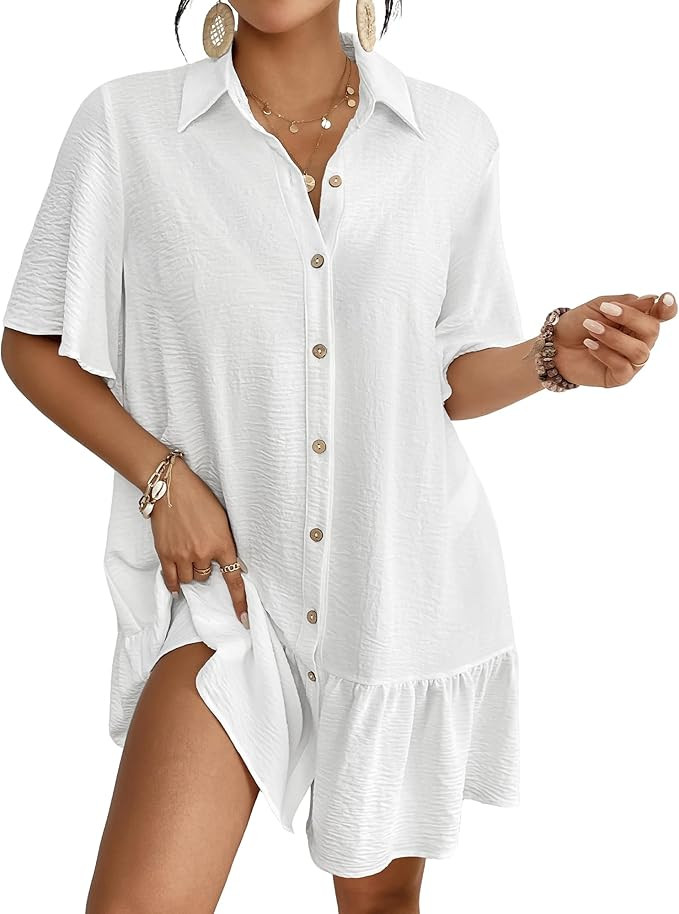 Bsubseach Womens Swimsuit Coverup Button Down Bathing Suit Cover Up Swimwear Bell Sleeve Beach Sh... | Amazon (US)