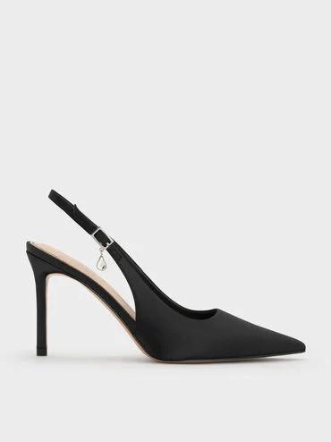 Satin Teardrop-Crystal Stiletto-Heel Slingback Pumps
    
         - Black Textured | Charles & Keith US