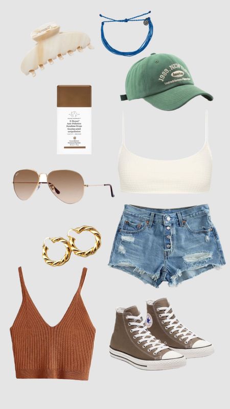 Outerbanks outfit inspired look !! 
Bathing suit, jean shorts, converse, gold hoops, bronzing drops, hat , tanks too , rays ban sunglasses 

#LTKstyletip #LTKFind #LTKSeasonal