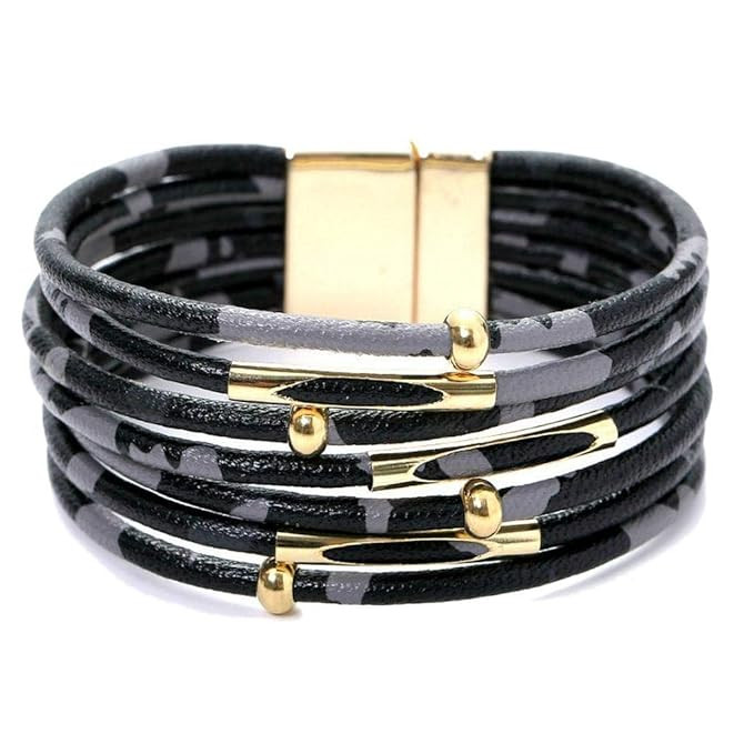 MUDEREK Women Leopard Bracelet Metal Pipe Charm Multilayer Wide Leather Wrap Bangle Gift Bangle | Amazon (US)