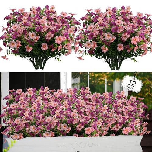 Artificial Flowers for Outdoors, Fake Flowers UV Resistant, No Fade Faux Silk Flower for Spring, Summer Decoration, for Pot, Porch, Window Box, Planter, Garden Home Decor(12 Bundles,Pink Purple) | Amazon (US)
