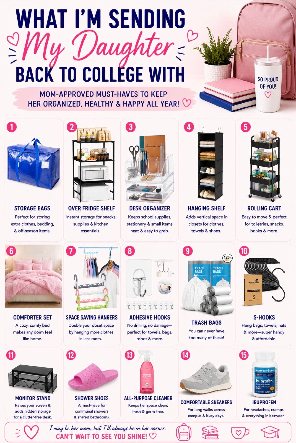Sending my daughter back to college with the things I know she’ll actually use 💕📚 From staying organized to dorm room comfort and those little “mom thought of everything” essentials. Save this list for move-in day! 🎓🩷

#CollegeMustHaves #DormRoomEssentials #CollegeMom #BackToCollege #AmazonCollegeFinds

#LTKU #LTKmomlife #LTKHome