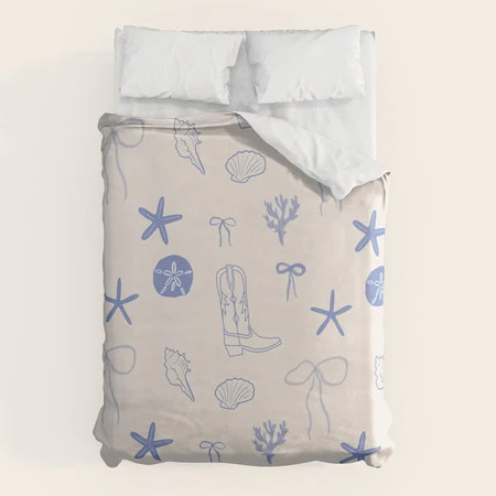 Coastal Cowgirl | Beachy Blue Seashells & Boots Duvet Cover | Society6