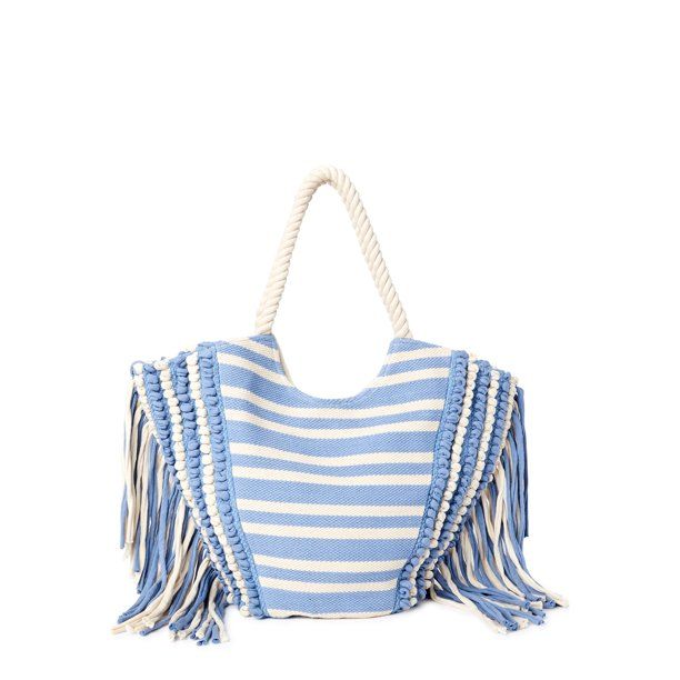 Time and Tru Striped Fringe Woven Tote with Rope Handles | Walmart (US)