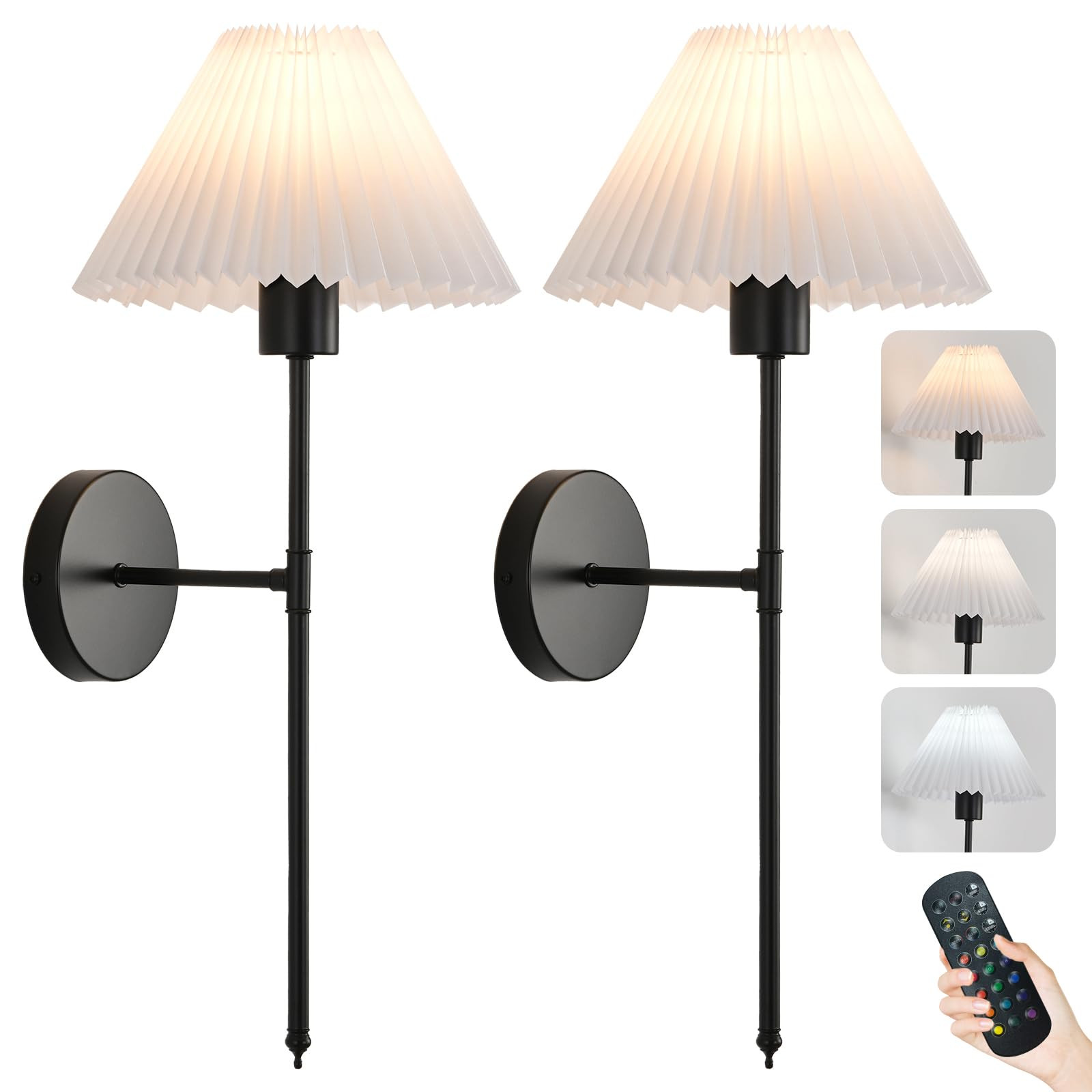 Battery Operated Wall Sconces Set of 2, Black Rechargeable Wall Lights with Pleated Shades, Dimma... | Amazon (US)
