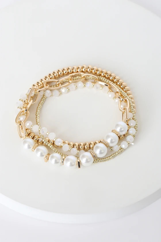 Stacked Up Style Gold Pearl Bracelet Set | Lulus