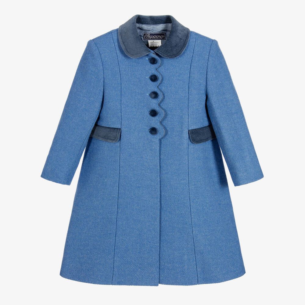Girls Blue Wool & Velvet Coat | Childrensalon