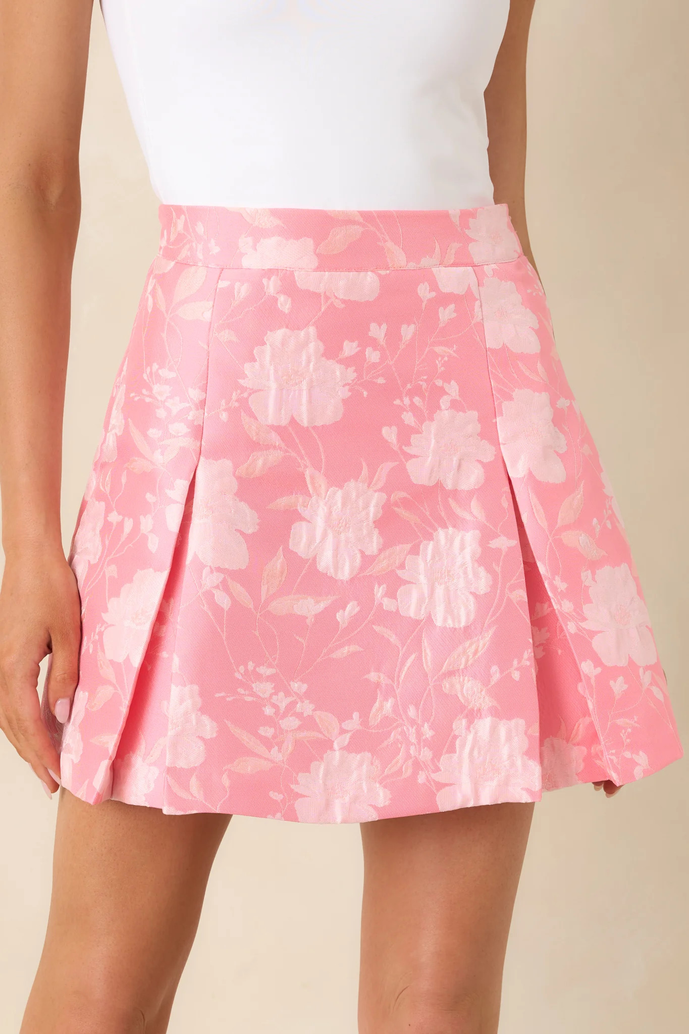 She Means Blooming Business Pink Floral Jacquard Mini Skirt | Red Dress
