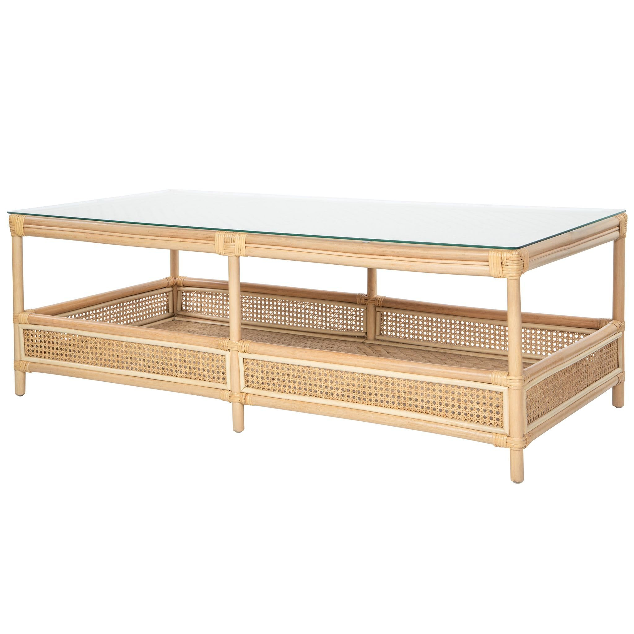 Kouboo Rattan Cane Rectangular 2-Tier Open Shelf Coffee Table with Glass Top, Living Room Table, ... | Amazon (US)