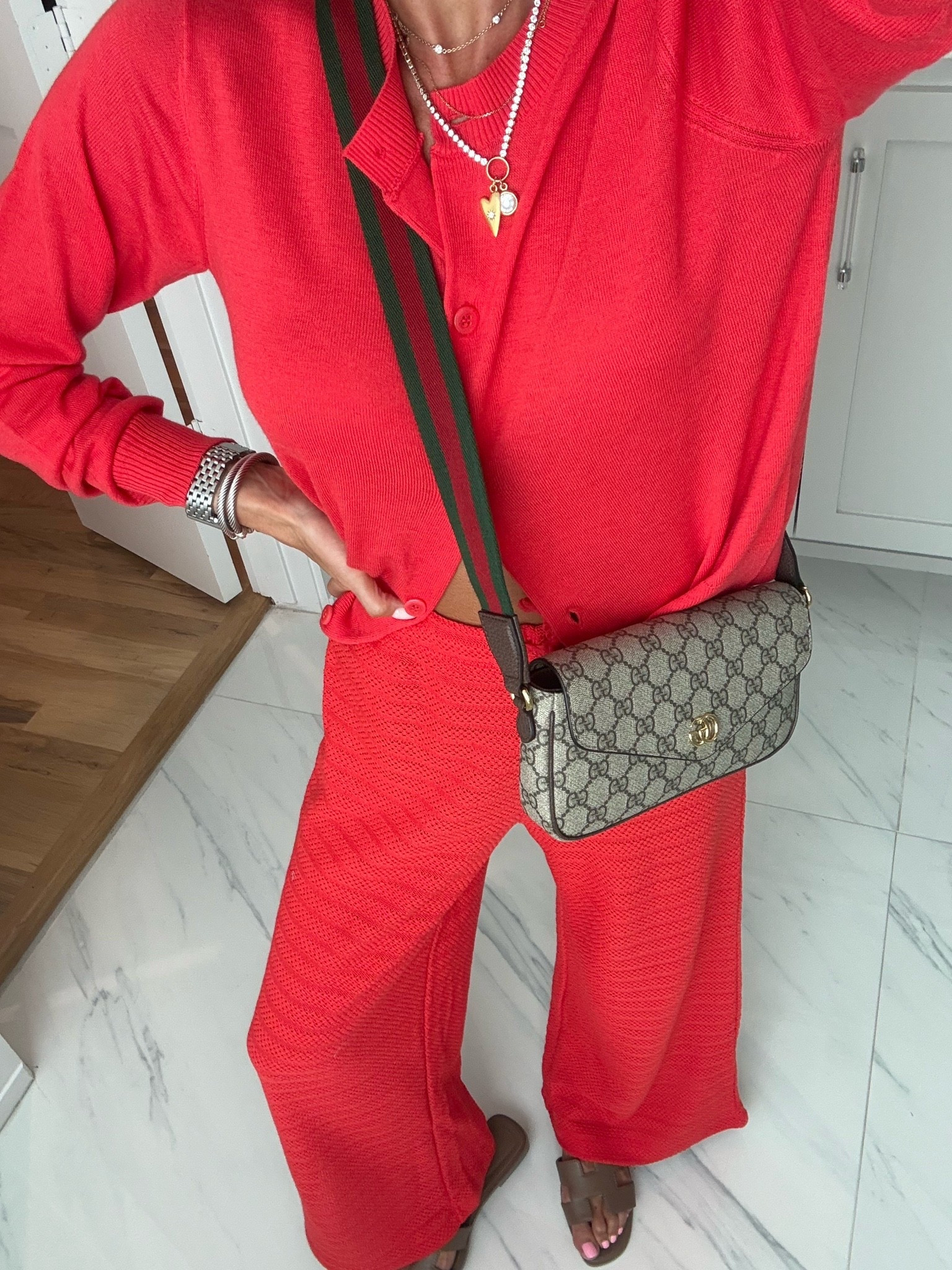 This cute red cardigan sweater with knit matching pants wearing size xs 
Summer outfit idea

#LTKPetite #LTKOver40