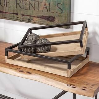 Mercana Ross Natural Solid Wood with Black Iron Nesting Trays (Set of 2), Natural Wood | The Home Depot