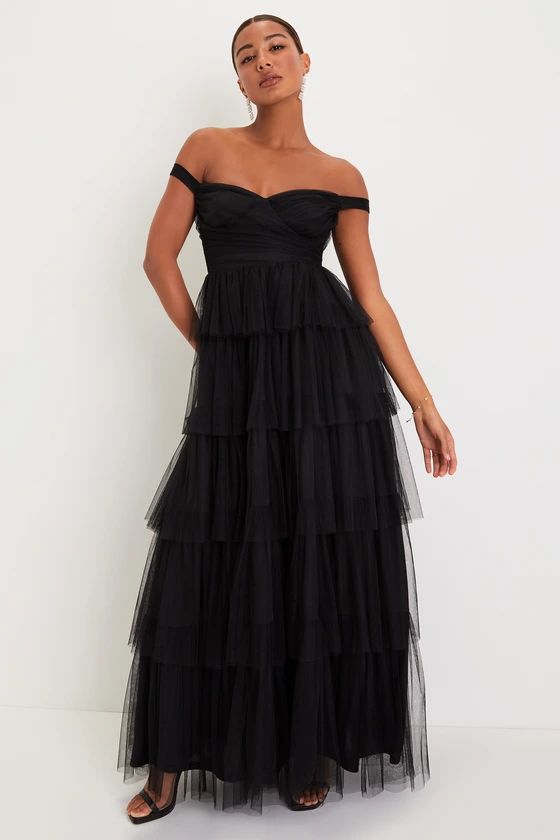 Flawless Presence Black Mesh Off-the-Shoulder Tiered Maxi Dress | Lulus