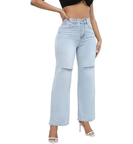THUNDER STAR Womens High Waisted Wide Leg Jeans Stretchy Distressed Denim Pants Blue XS at Amazon... | Amazon (US)