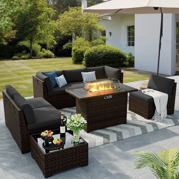 Modular Slanted Back Patio Furniture Sets with Fire Pit Table & Sofa Cover | Wayfair North America