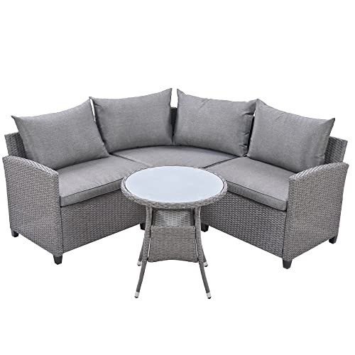 COODENKEY 4 Piece Outdoor Wicker Patio Furniture Sofa Set with Round Table and Gray Cushions for Gar | Amazon (US)