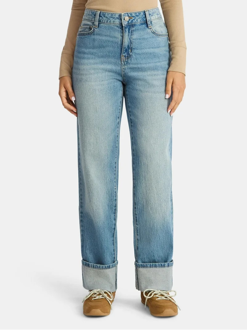 Time and Tru Women's High Rise Straight Jeans with Cuffs, 29" Inseam, Sizes 0-20 | Walmart (US)