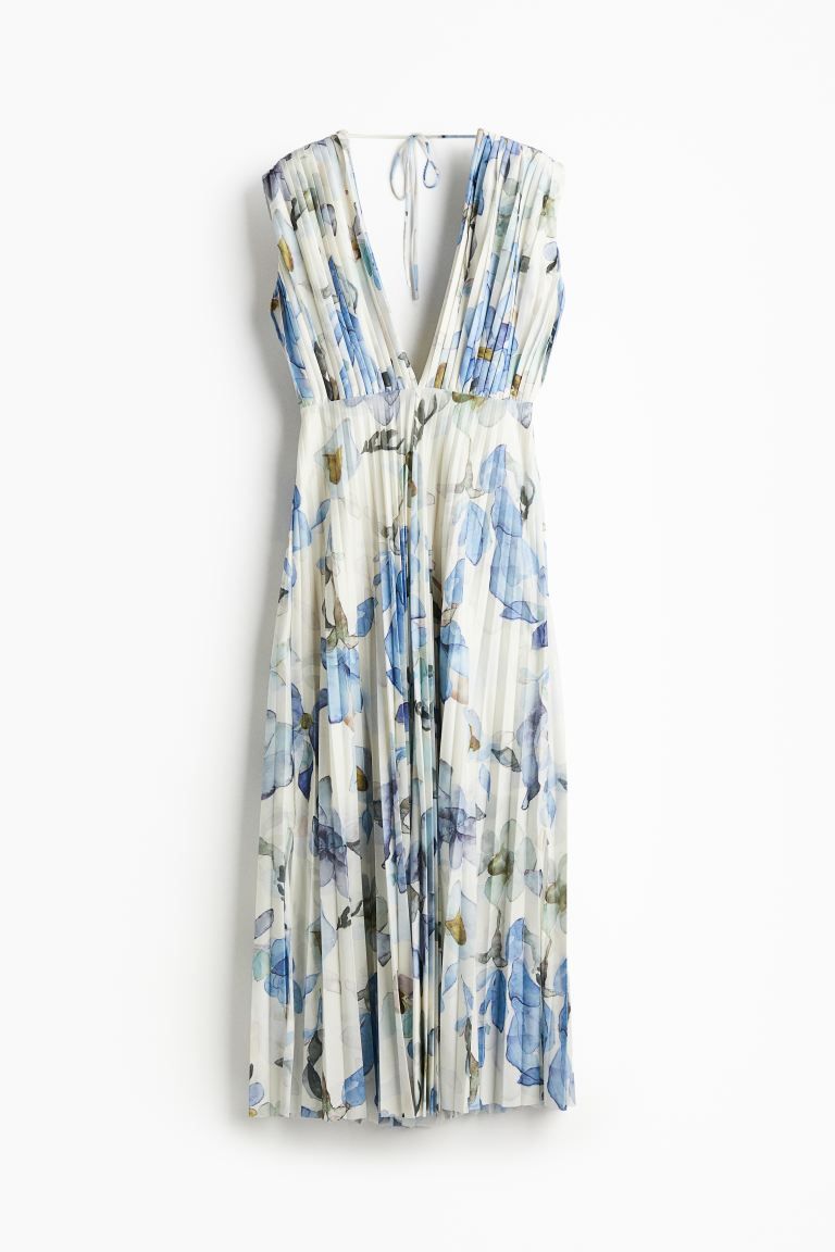 Pleated Jersey Dress - White/blue floral - Ladies | H&M US | H&M (US + CA)