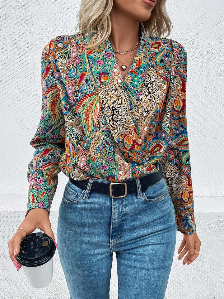 SHEIN LUNE Paisley Print Notched Neck Blouse | SHEIN