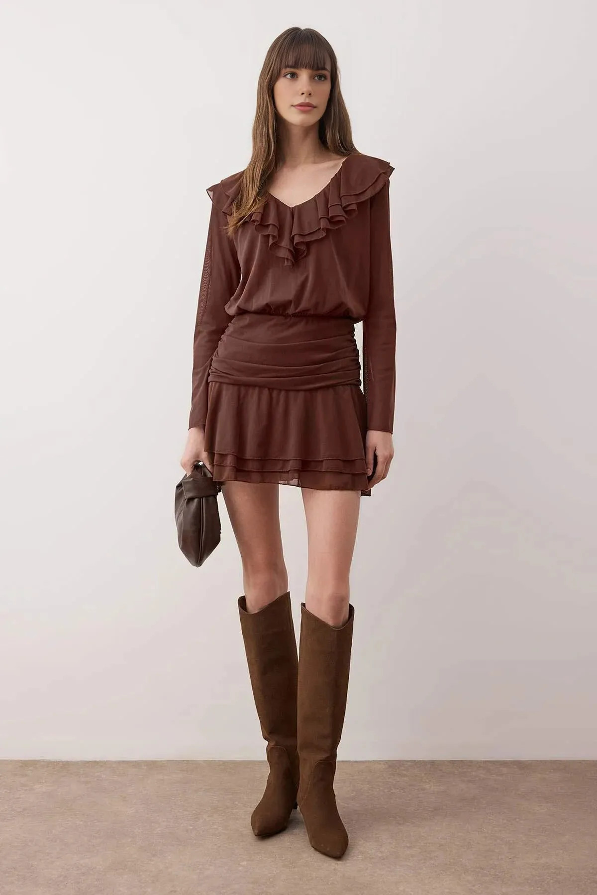 Brown WOVCOR Ruffle Detail Fitted Long Sleeve Mini Knit Dress | Boohoo | Boohoo.com (UK & IE)