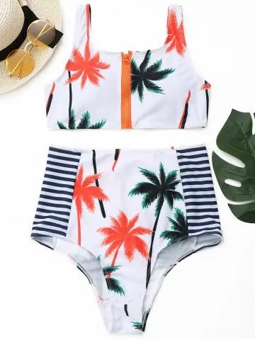 Tropical Cropped Bikini Set with Zipper | Rosegal US