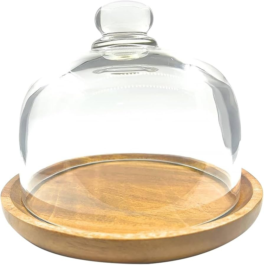 6 Inch Wooden Base Small Cake Display Stand with Glass Dome,Cloche Clear Glass Bell Jar Cover for... | Amazon (US)