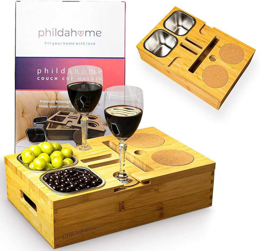 Couch Cup Holder and Snack Tray | Bamboo Sofa Beverage Holder | Couch Caddy for Wine - Beer - Dri... | Amazon (US)