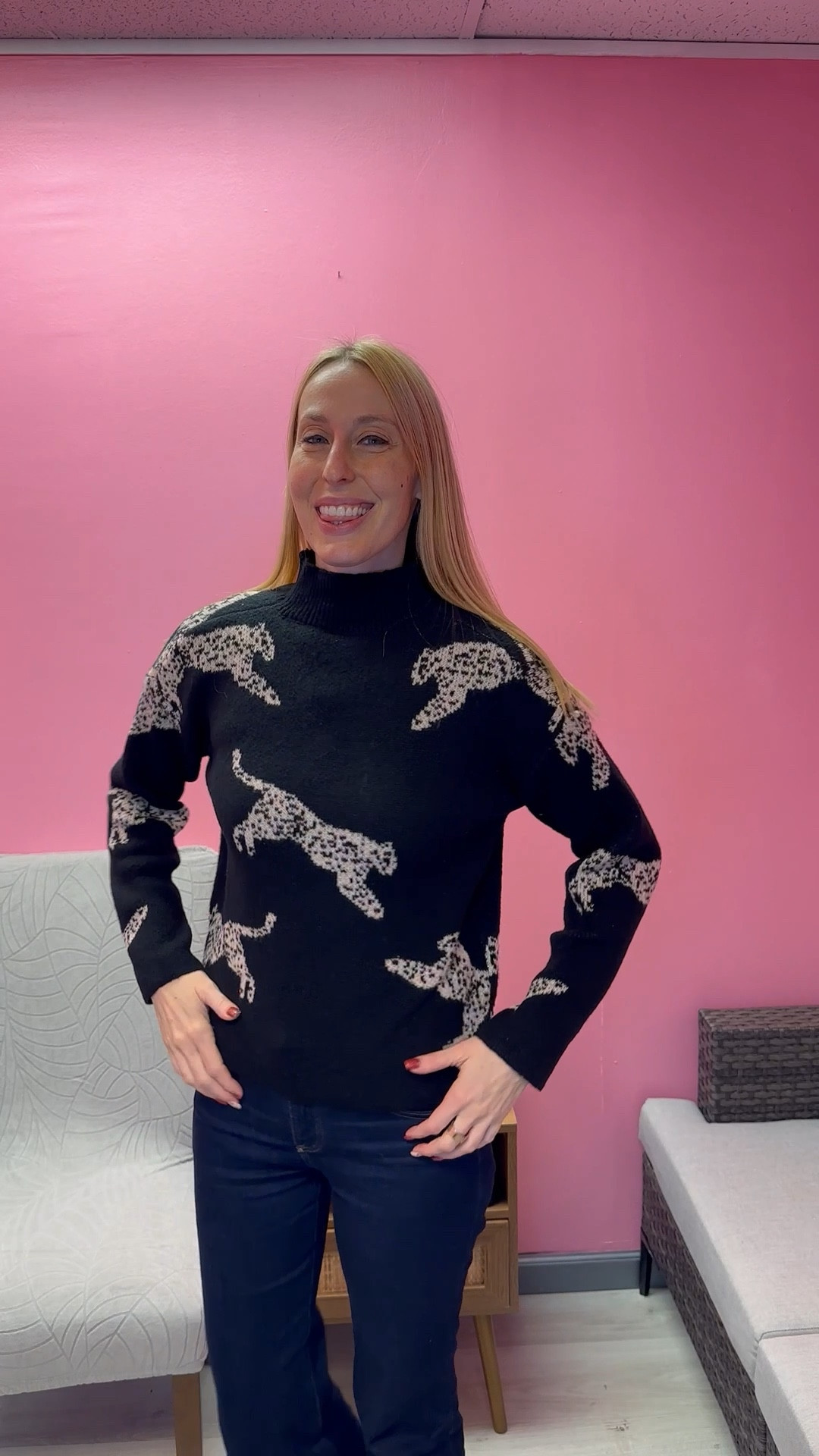 Full leopard 🐆 sweater 
🖤 this sweater is cozy and warm 
🖤it is also looser fitting and has a touch of class to it
🖤fits true to size, wearing size small and I am 5’10”

#LTKFindsUnder50 #LTKFindsUnder100 #LTKTall