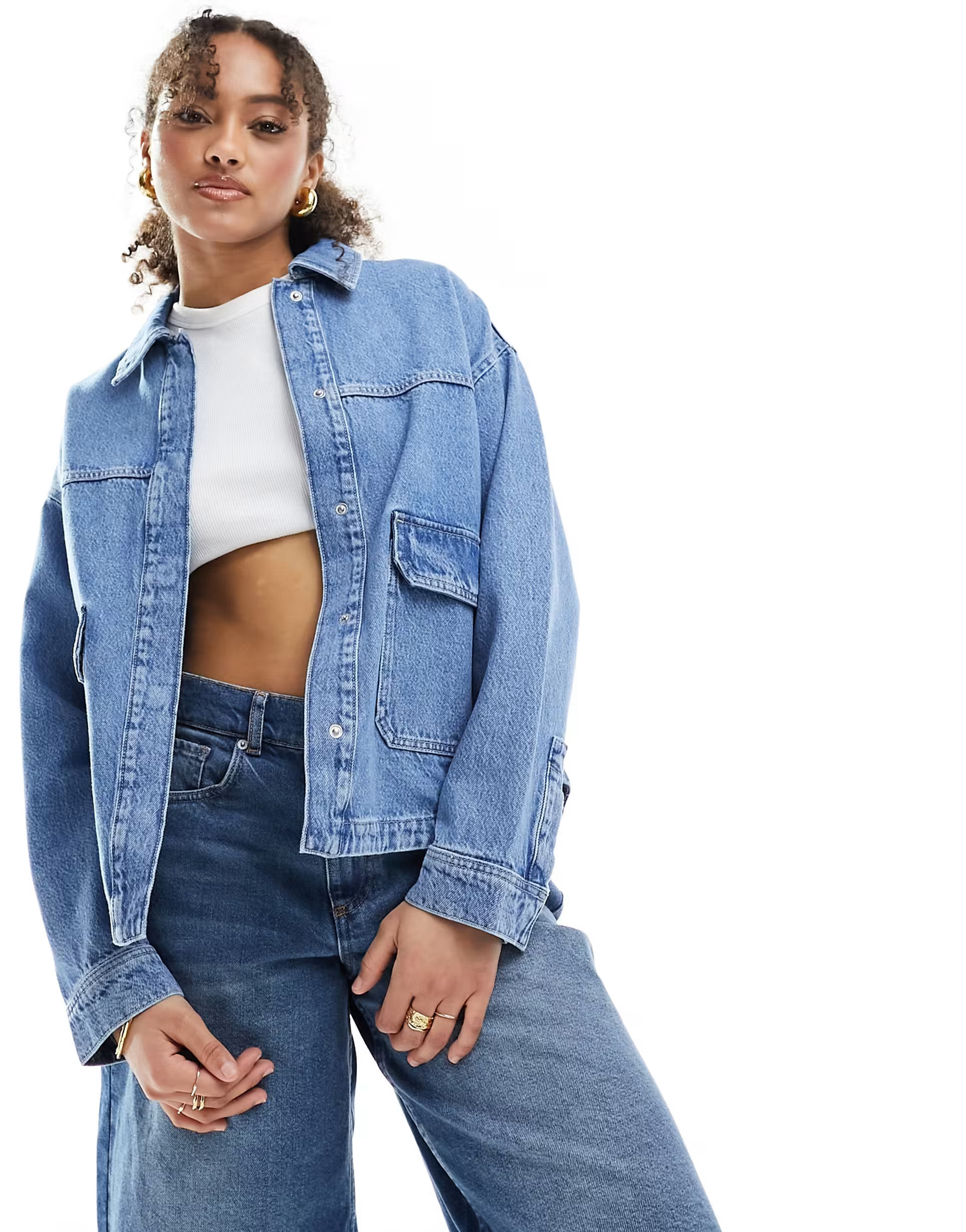 Stradivarius denim shacket with patch pocket in light blue  | ASOS | ASOS (Global)